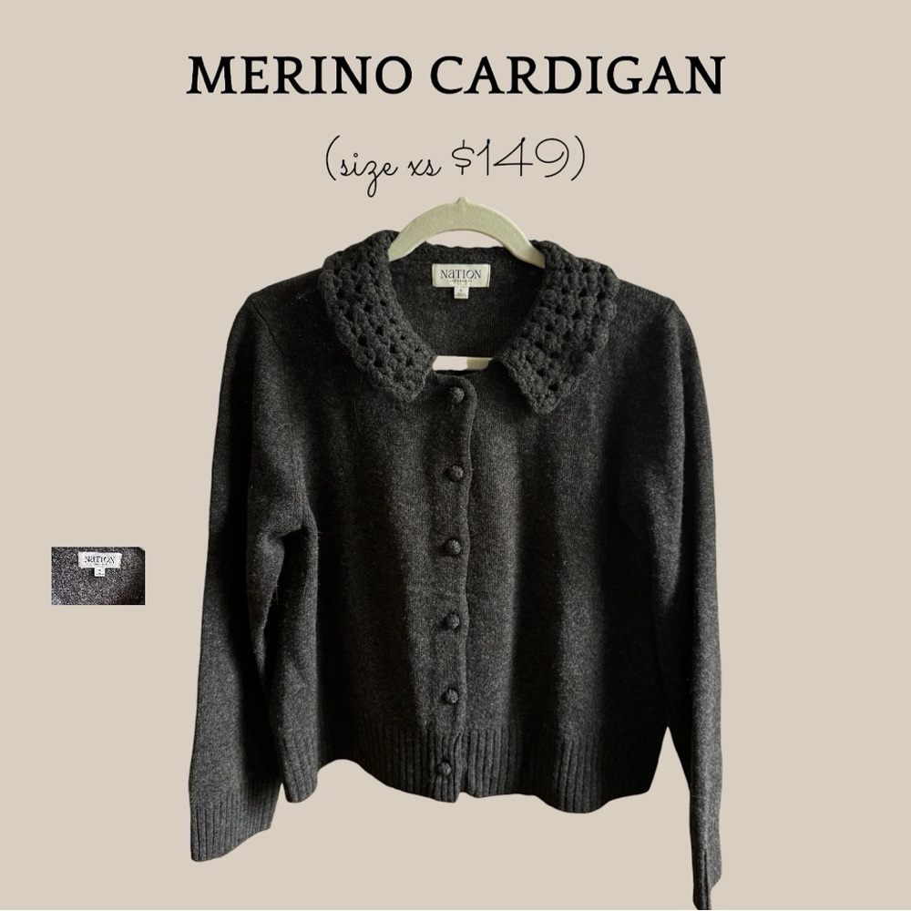 Nation LTD Dark Gray Merino Button-Up Cardigan with Textured Collar